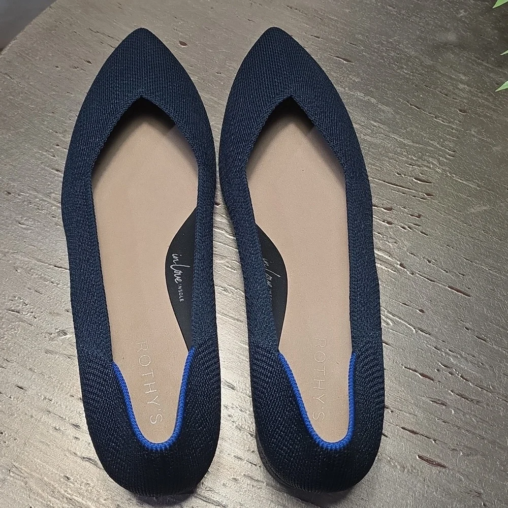 NIB‎ Rothy’s The High Point Navy Herringbone Low block Heels 12.5